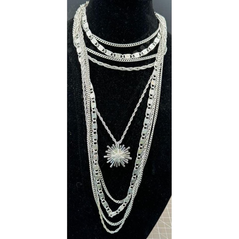Vintage Monet Necklace Starburst Pendant Multi Strand Silver Tone Chain Chains